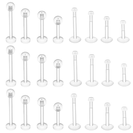 Gemoioio 24PCS Clear Invisible Piercing Retainers for Work, 16G Push Top Lip Rings & Earrings | Labret, Helix, Tragus, Monroe, Medusa, Industrial | 6mm 8mm 10mm 12mm Bar Length for Women & Men
