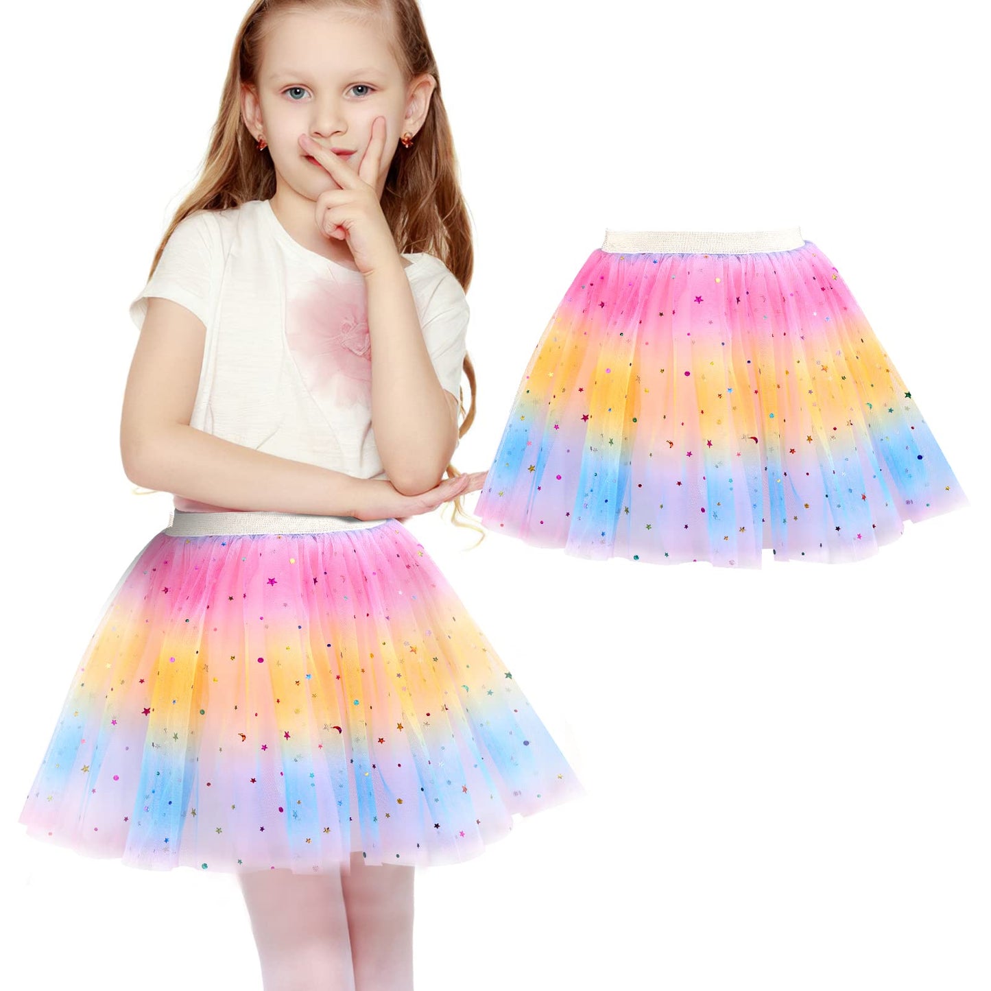 Yolev Girls Tutu Skirt Rainbow 3 Layers Tulle Tutu Skirt Sequin Star Princess Ballet Dance Dress Kid Tutu Skirt for Children (Pink)