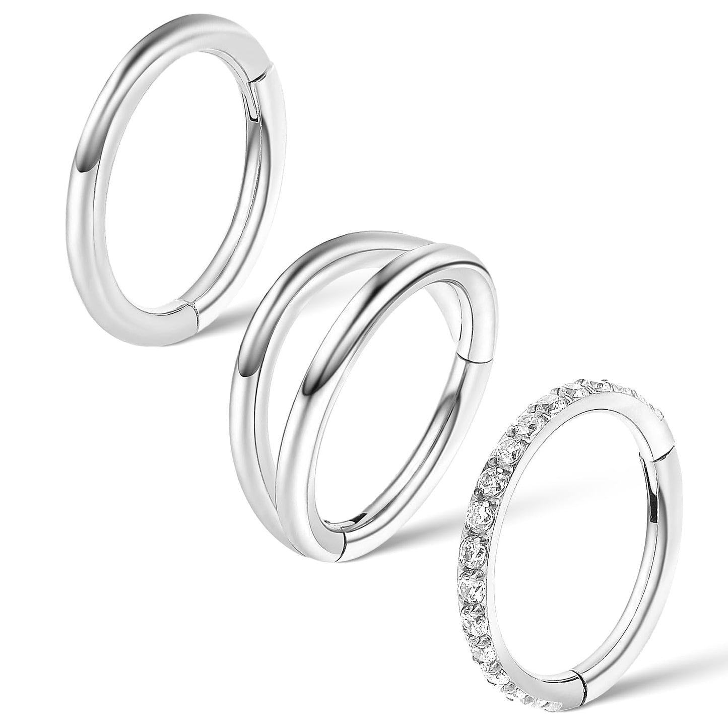 Telooco 3Pcs Silver Nose Rings Hoops 316L Surgical Steel Double Nose Ring Hoop 18G Hinged Septum Ring CZ Clicker Body Piercing Jewelry for Women Hinged Hoop Earrings