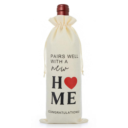 HaiFafafaing New Home Wine Bag, House Warming Gifts New Home, Fits Standard Wine And Champagne Bottles, Linen Material, Beige Color, 13.5H X 5.5W Inches