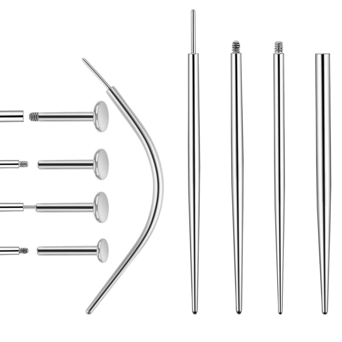 Yolev 9Pcs Piercing Taper Tool Set Stainless Steel Flat Back Earring Insertion Tool Titanium Threadless Piercing Insertion Tools for Tragus Ear Nose Helix Body Lip Eyebrow Straight Curved Needles