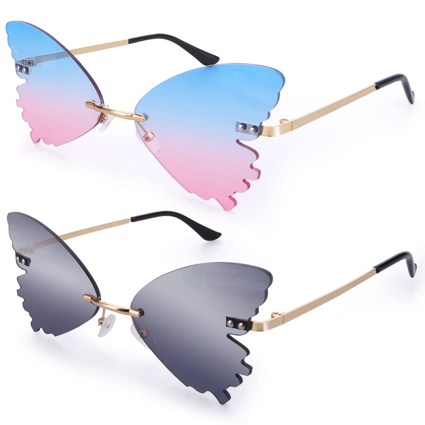 Rimless Butterfly Glasses 2Pairs Retro Butterfly Funky Sunglasses Butterfly Shaped Eyewear 80s Fancy Dress Sunglasses for Raves Party Women Men Teen
