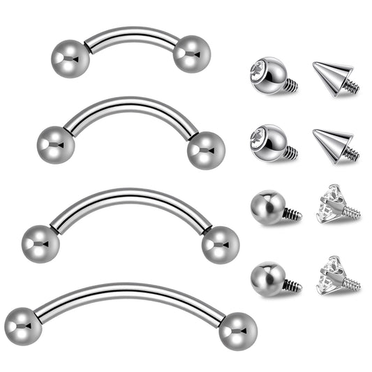 Neyauo 4PCS Eyebrow Piercing Jewelry, Curved Barbell Internally Threaded, Vertical Labret Lip Ring, Conch Rook Daith Helix Piercing, Silver 6-12MM