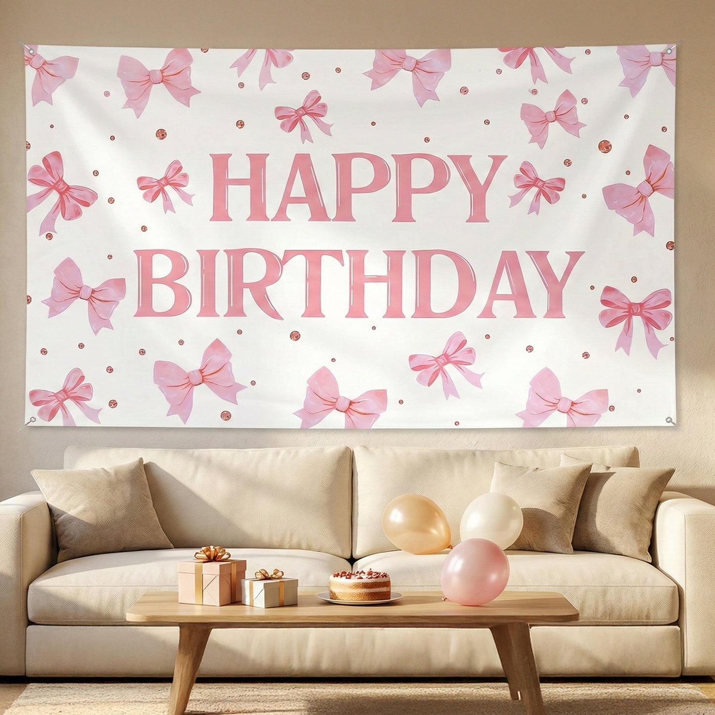 Pink Bow Birthday Backdrop Banner, Large Polyester Fabric Decorations For Girls Women Party, Photo Booth Background, Coquette Theme