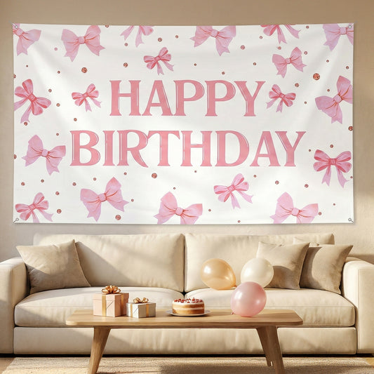 Pink Bow Birthday Backdrop Banner, Large Polyester Fabric Decorations For Girls Women Party, Photo Booth Background, Coquette Theme