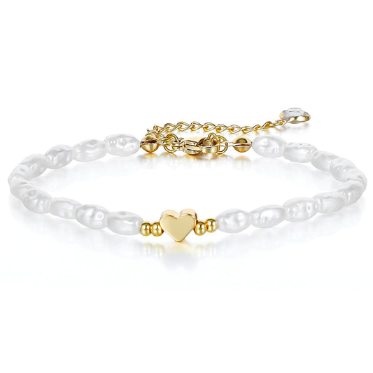 Lusofie Pearl Bracelet 14K Gold Plated Heart Pearl Bracelets Golden Heart No Fading Imitation Freshwater Pearls Jewellery for Women Tiny Pearl Bracelets for Women Gifts