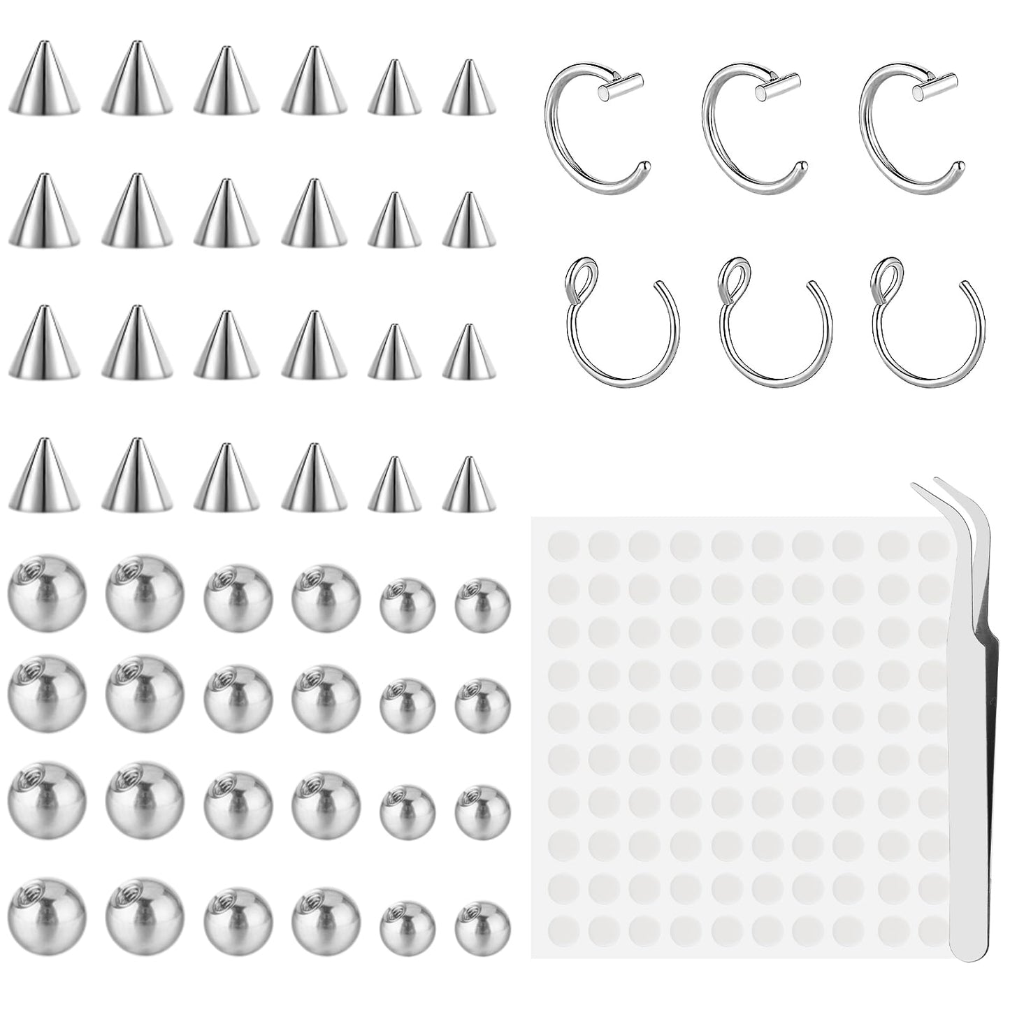 Telooco 54pcs Fake Piercings Hoop Fake Piercing Fakes Eyebrow Piercing 3mm 4mm 5mm with 100 Pcs Stickers for Non-Pierced Nose Jewelry, Unisex