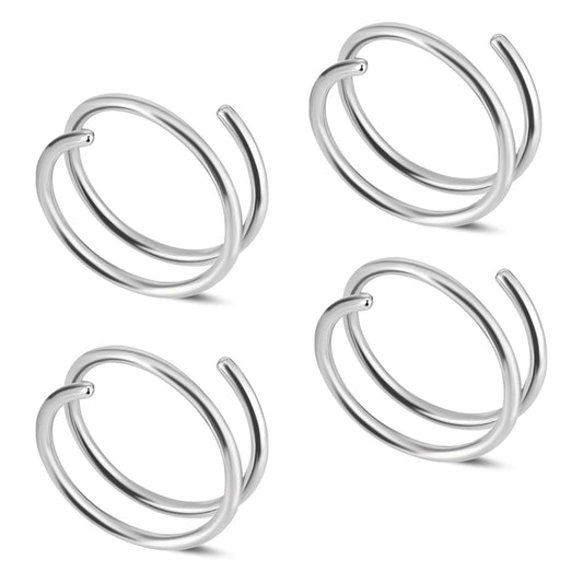 Gemoioio 4Pcs Silver Double Nose Hoop for Single Piercing, Stainless Steel 20G Double Nose Rring, Bendable Twist Spiral Noses Ring for Women Men(8MM)