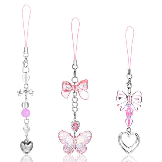 Tucnoeu 3pcs Phone Case Charms,Star Bowknot Love Heart Cell Phone Charm,Bracelet Phone Lanyard,Pink Phone Charm for Phone Bag Camera Pendants Decor