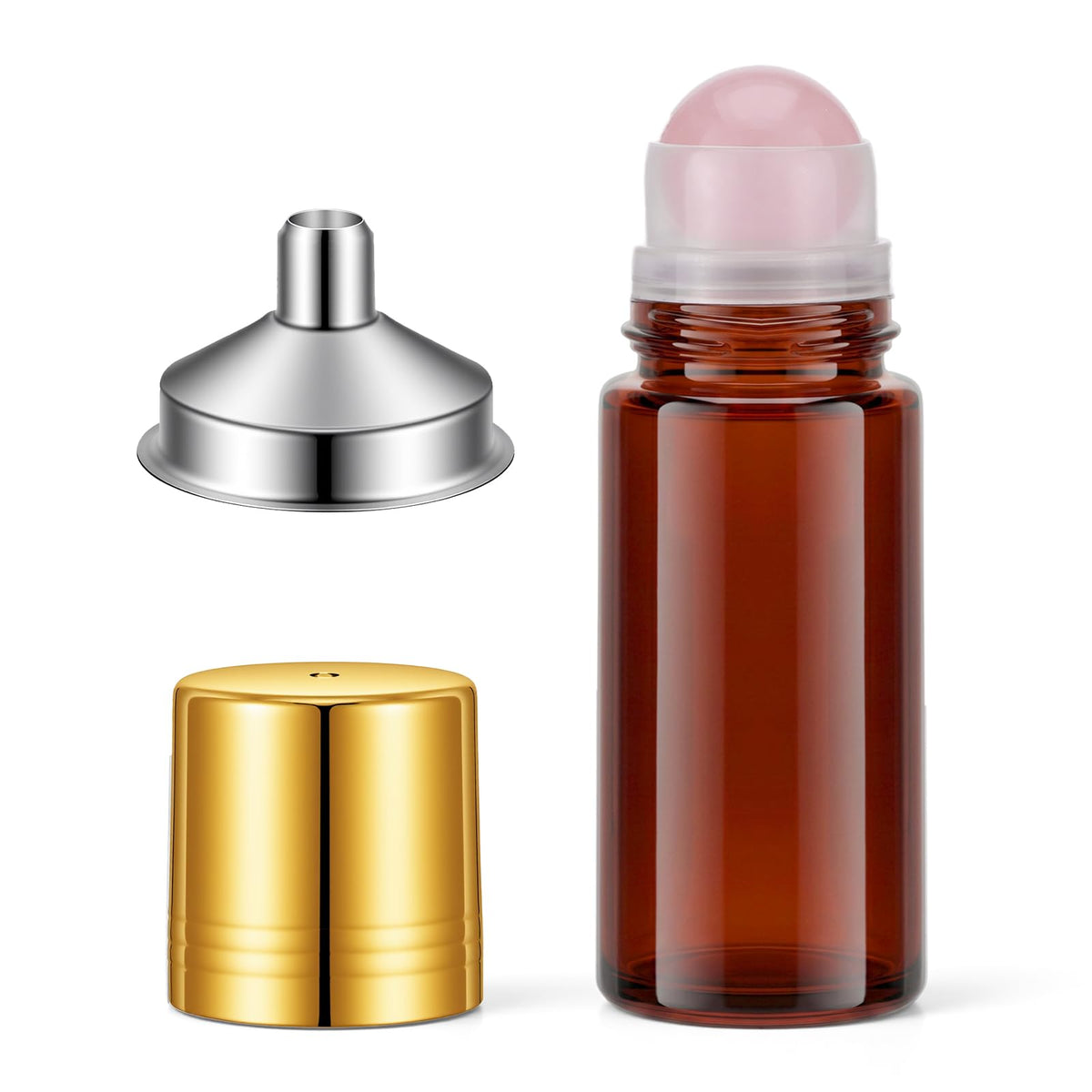 HaiFafafaing Rose Quartz Roller Bottle 50ml/1.7oz Large Amber Glass Roll on Bottles Empty Refillable Roller Ball Applicator with Funnel DIY Perfume Travel Leak-Proof