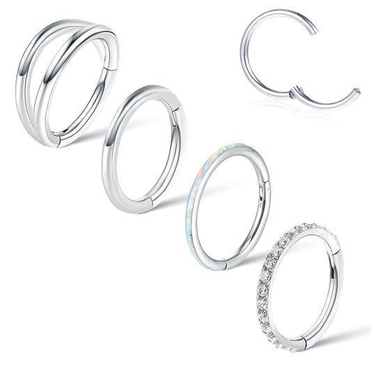 Yolev 4PCS 18G Hinged Nose Rings Hoop Surgical Steel Septum Clicker Hoops, 8MM Silver Nose Body Piercing Jewelry For Women Men CZ Tragus Cartilage Earring