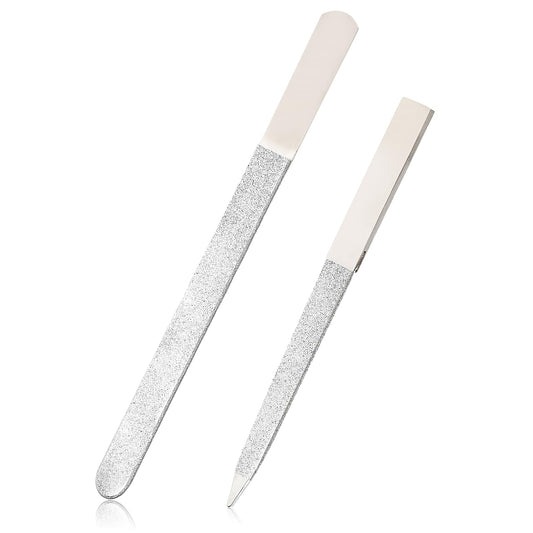 Metal Nail Files, 2PCS Stainless Steel Nail File Set, Long Heavy Duty Nail File for Thick Toenails/Natural/Acrylic Nails,Double-Sided Design,Professional Nail Tools for Home,Salon,Travel