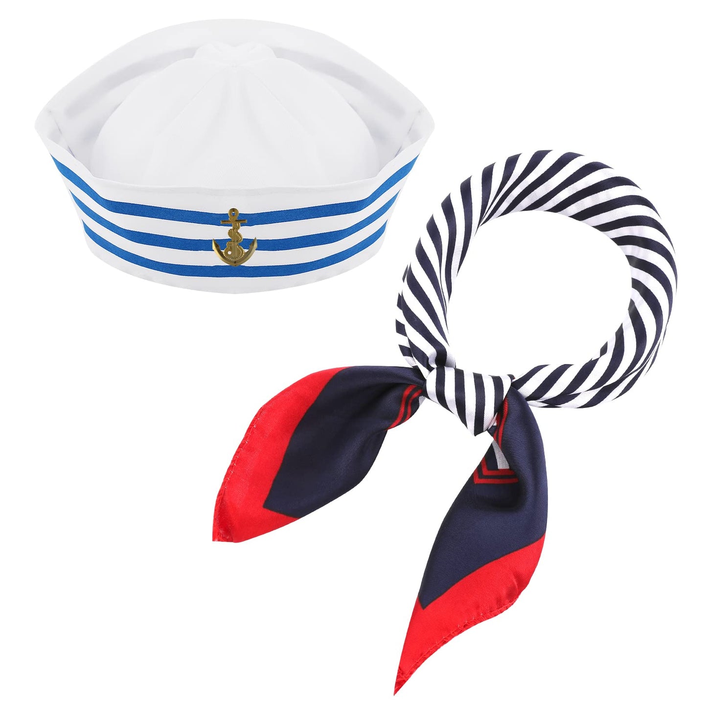Lusofie Sailor Hat and Scarf Set for Women Men Fancy Navy Outfit Blue with White Sail Hat Navy Sailor Hat, Navy and White Scarf for Costume Accessory, Dressing Up for Party