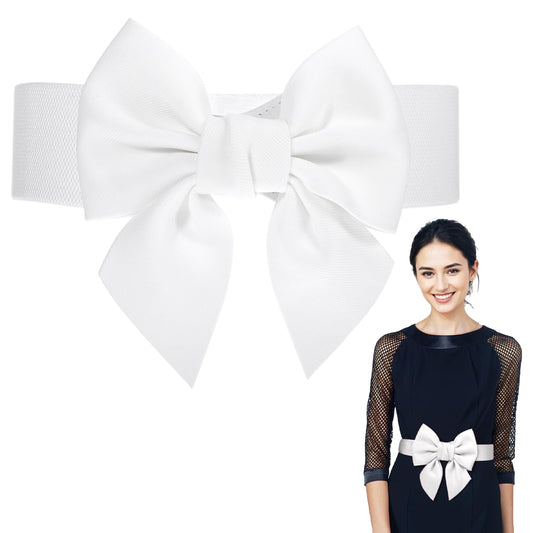 Bow Waist Belt Womens Belts for Dresses Stretchy Bowknot Cinch Waist Belt Satin Sash Belt 2.36'' Wide For Women Ladies Special Occasion Bridal Wedding Prom Formal (White)