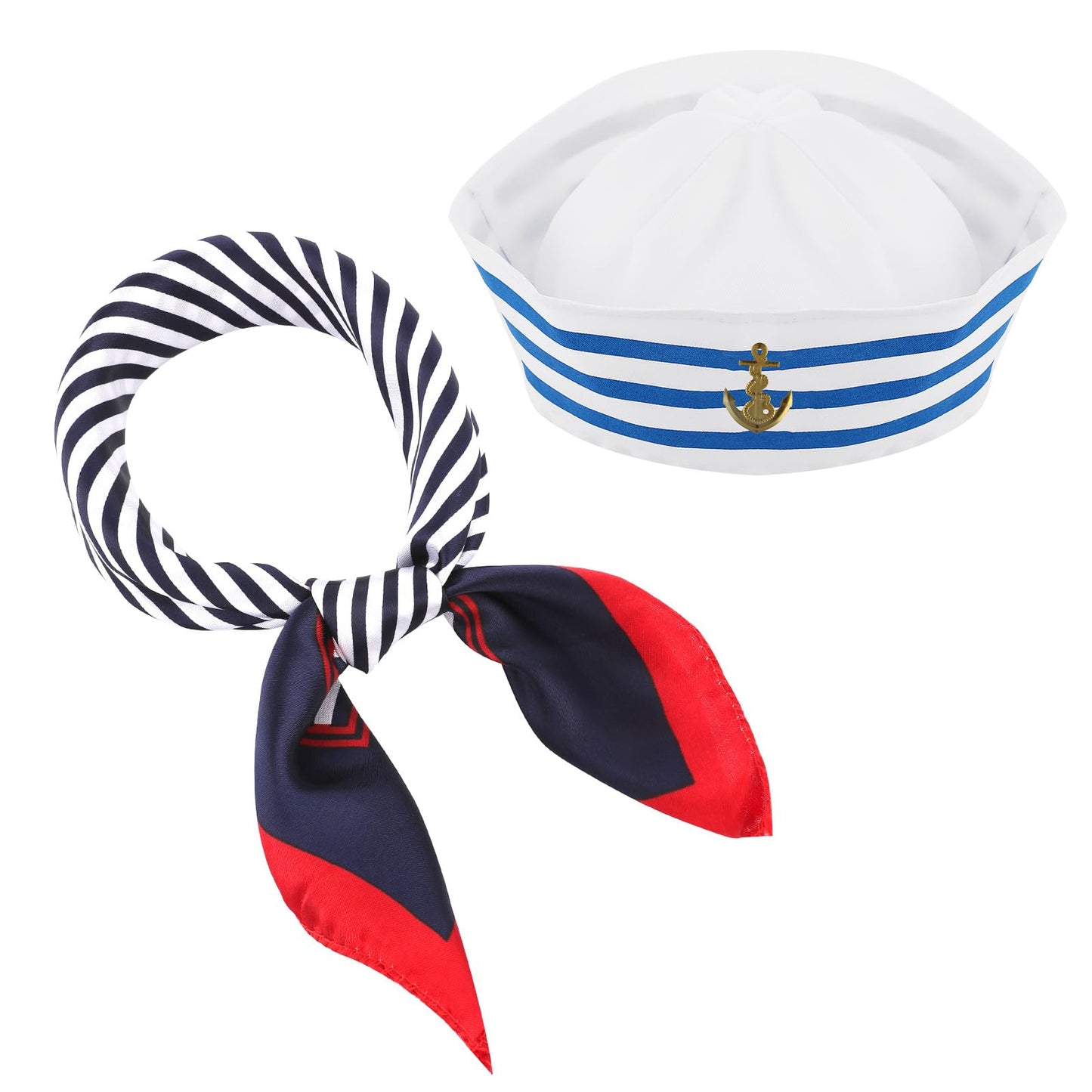 Yolev Sailor Hat and Scarf for Women Men Fancy Navy Outfit Blue with White Sail Hat Navy Sailor Hat, Sailor Hat and Scarf Set for Women Men Navy Outfit Blue with White Sailor