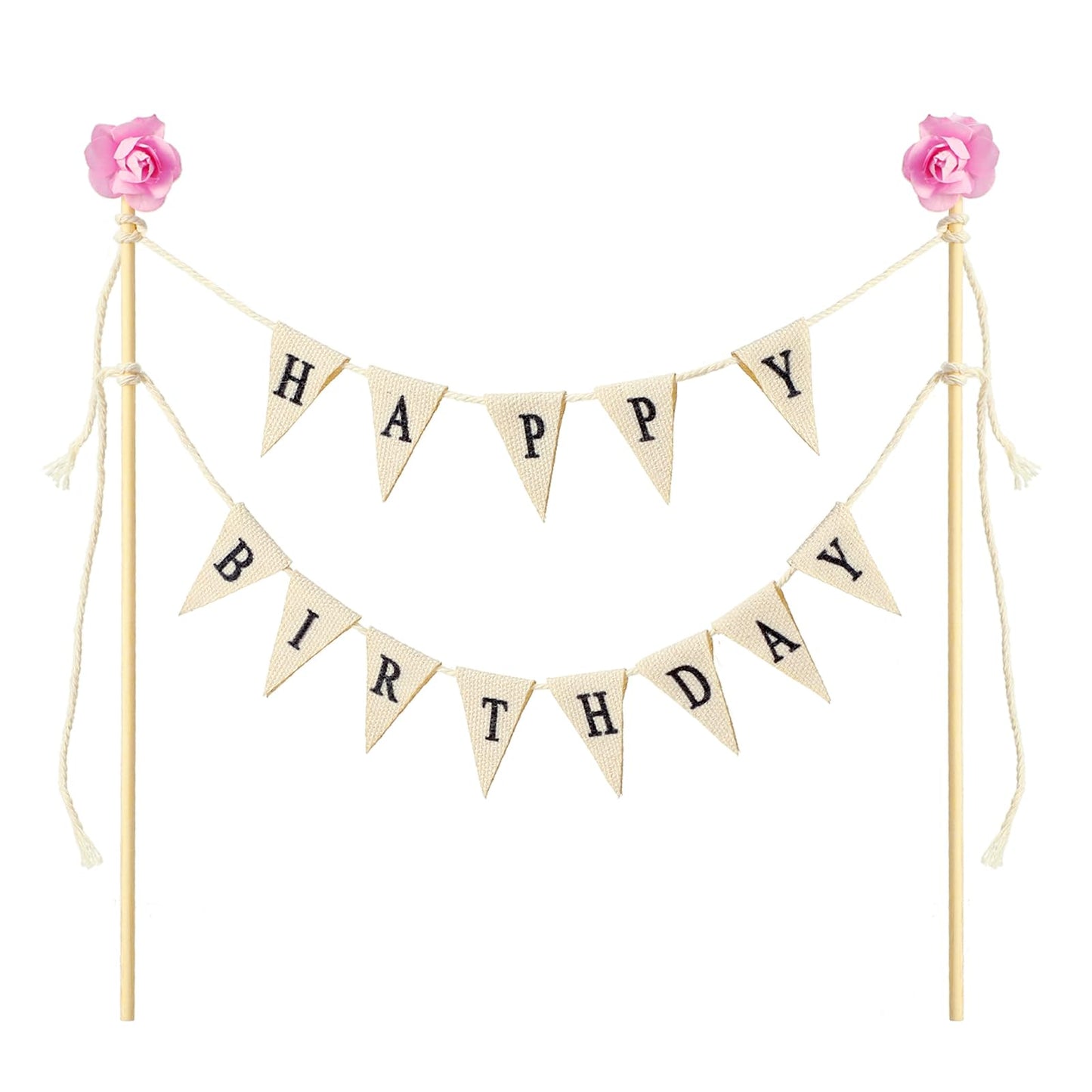 Happy Birthday Cake Topper 20 cm Birthday Bunting Banner Cake Decorations with Wood Pole and Pink Flower