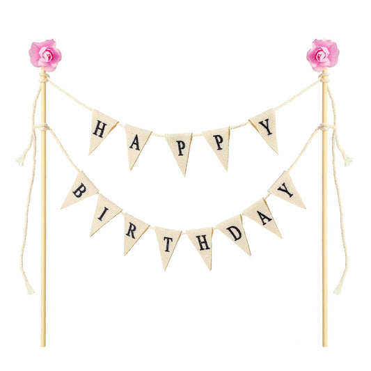 Happy Birthday Cake Topper 20 cm Birthday Bunting Banner Cake Decorations with Wood Pole and Pink Flower