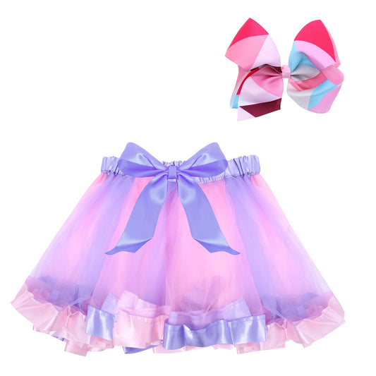 Yolev Girls Tutu Skirt Rainbow Tulle Tutu Skirt Princess Ballet Dance Dress Kid Tutu Skirt with Hair Bow for Children (Light Purple and Pink)