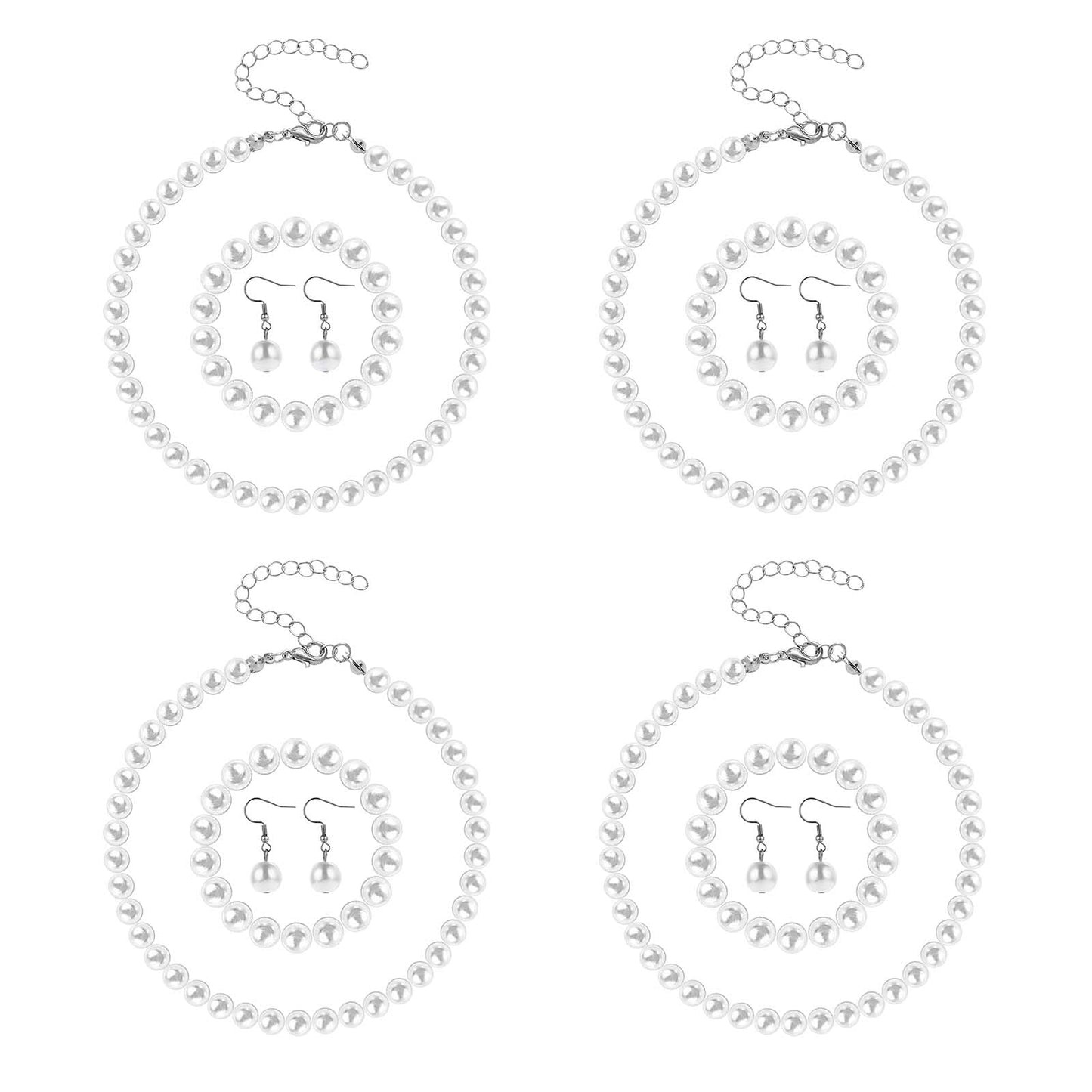 HaiFafafaing 4pcs White Pearl Necklace Set,8mm Classic Pearl Necklace and Earring Set,Simulated Pearls Costume Jewelry for Women Brides Bridesmaid Wedding Party