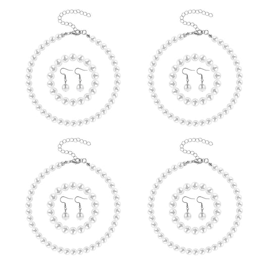 HaiFafafaing 4pcs White Pearl Necklace Set,8mm Classic Pearl Necklace and Earring Set,Simulated Pearls Costume Jewelry for Women Brides Bridesmaid Wedding Party