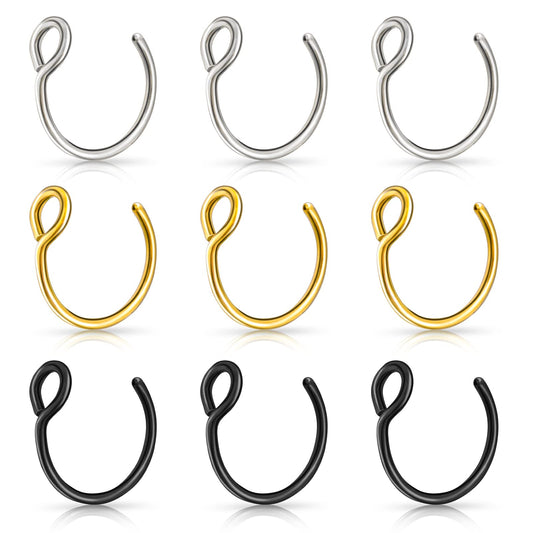 Yolev 9Pcs Fake Nose Rings，Fake Nose Ring Hoop Stainless Steel Nose Hoop for Faux Lip Septum Nose Ring Set Non Piercing Lip Rings, gold, silver, black