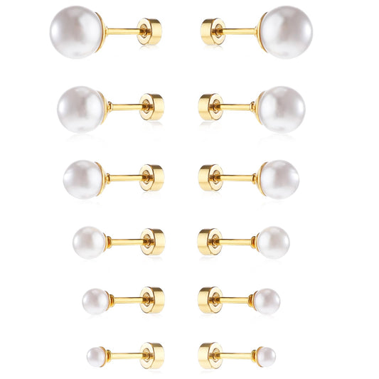 6 Pcs Flat Back Pearl Earrings for Women Gold Cartilage Piercing Earrings Pearl Exquisite Pearls Earring for Gift Giving (3-8mm)