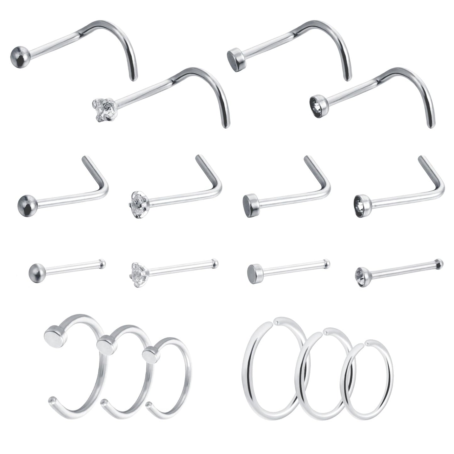 Yolev 18PCS 20g Stainless Steel Nose Rings Hoop L Shape Nose Studs Nose Screw Bone Silver Rose Gold Black Rainbow Pack Steel for Men 1.5mm 2mm 2.5mm 3mm