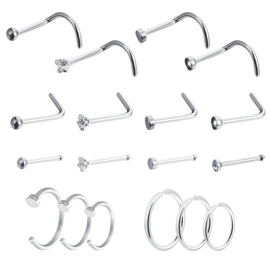 Yolev 18PCS 20g Stainless Steel Nose Rings Hoop L Shape Nose Studs Nose Screw Bone Silver Rose Gold Black Rainbow Pack Steel for Men 1.5mm 2mm 2.5mm 3mm