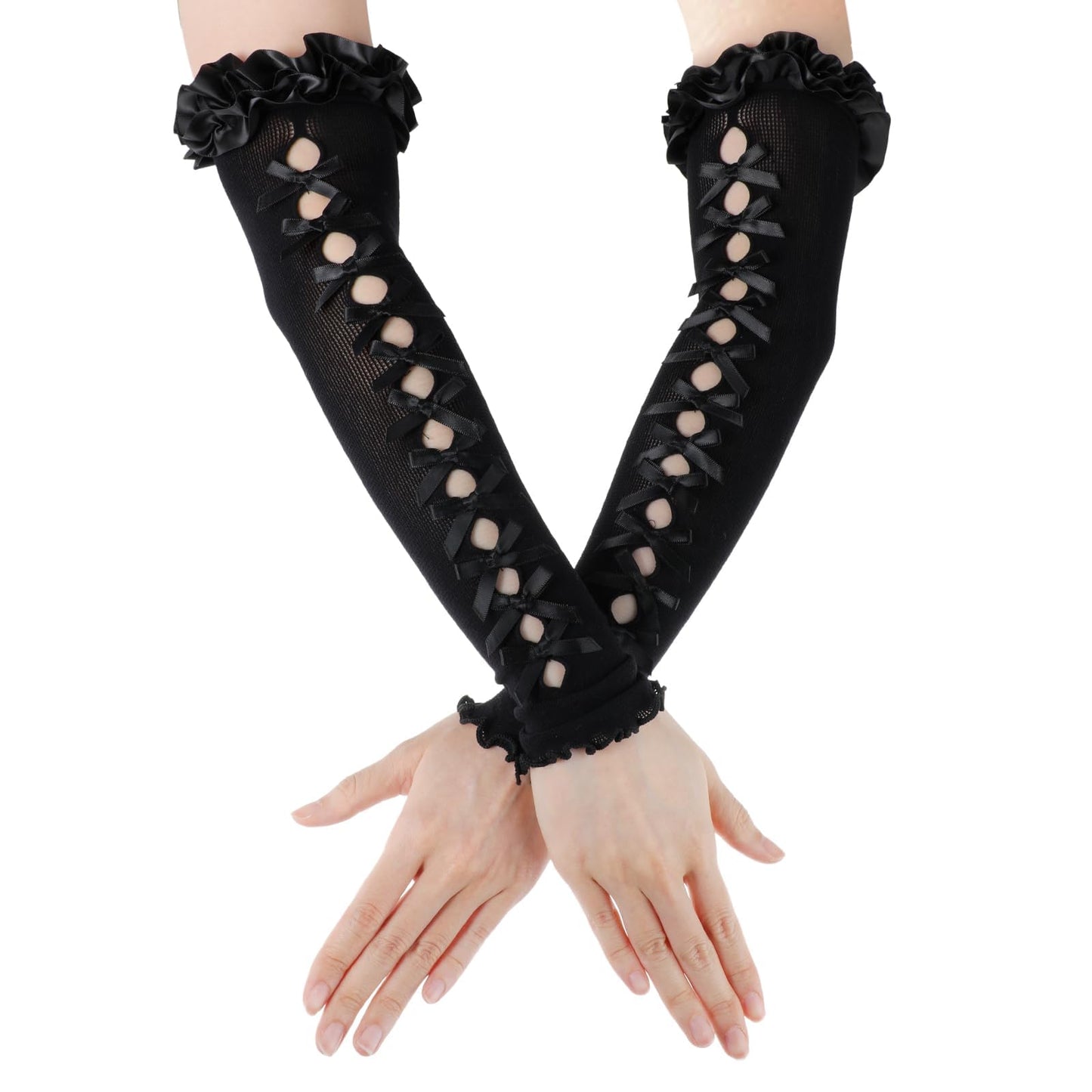 Lusofie Women Lace Gloves Elbow Long Gloves Y2K Gothic Lace Arm Sleeves Bow Lace Up Hollow Out Emo Rock Punk Fingerless Gloves Halloween Cosplay Costume One Size(Black)