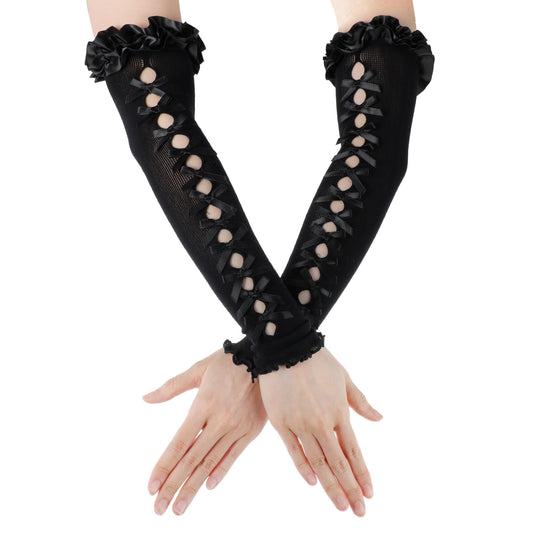 Lusofie Women Lace Gloves Elbow Long Gloves Y2K Gothic Lace Arm Sleeves Bow Lace Up Hollow Out Emo Rock Punk Fingerless Gloves Halloween Cosplay Costume One Size(Black)