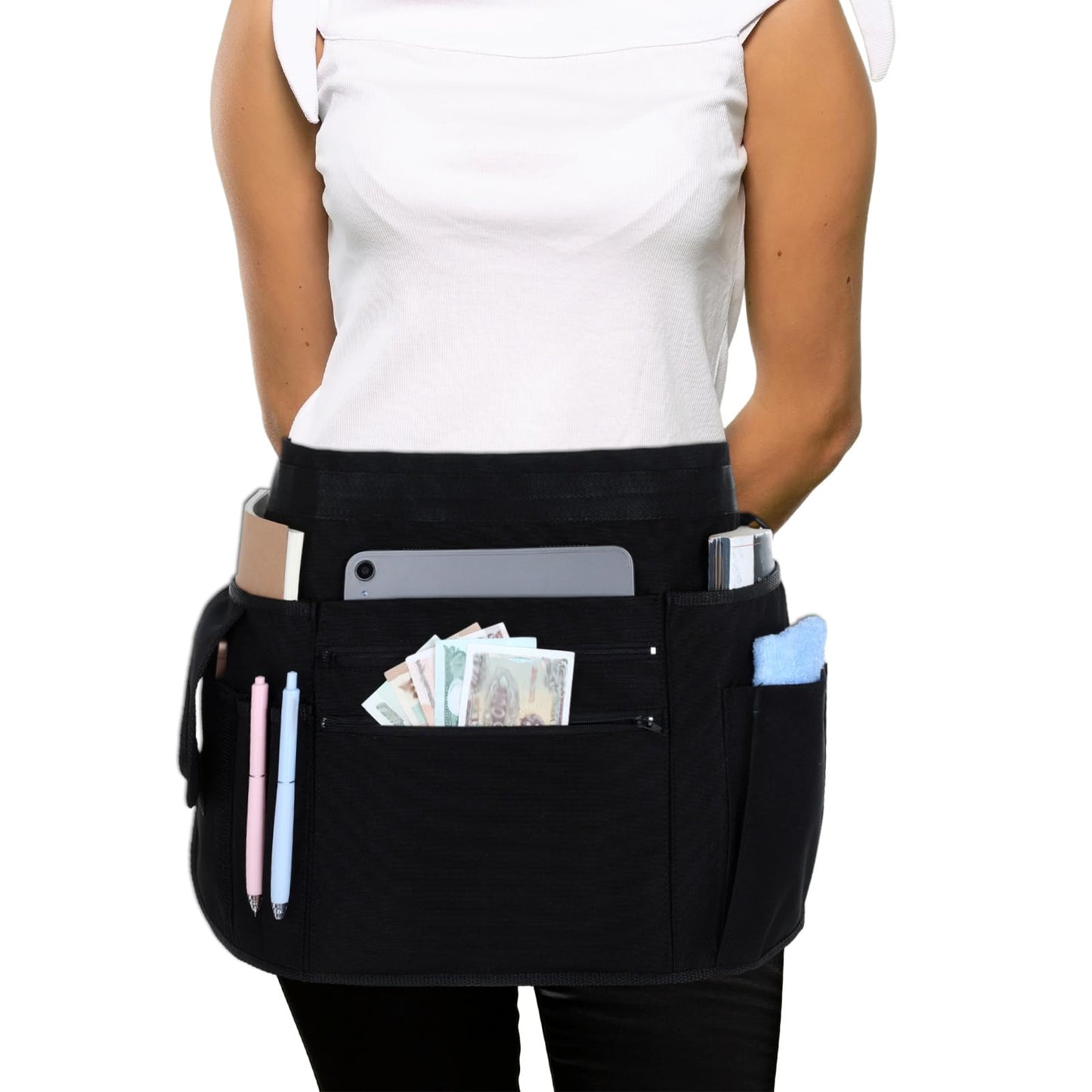 Josojoou Server Apron With Multiple Pockets, Adjustable Waist Belt, Waterproof Stain Resistant Half Apron For Waitress, Waiter, Restaurant, Bistro, Kitchen, Black