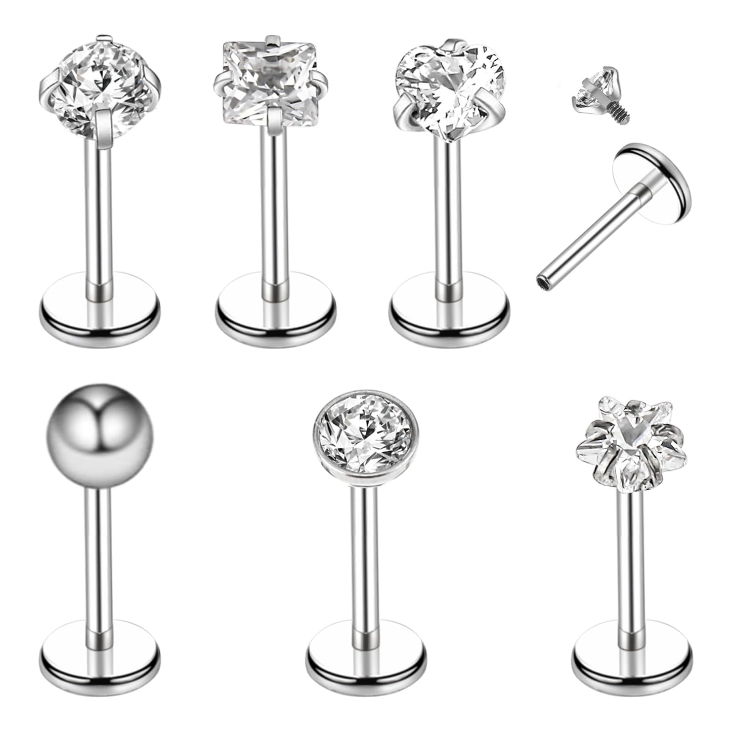 Tucnoeu 6 pcs Spiral Tragus Piercing Jewellery Silver Labret Piercing Jewellery Stainless Steel Labret Studs with Zirconia for Tragus Stud, Flat Back Nose Stud 8mm