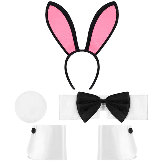 DIVINA VITAE Bunny Costume Set Rabbit Ears Headband Collar Bow Tie Costume Cuffs Rabbit Tail Accessories for Easter Halloween Cosplay Party (Black and Pink)