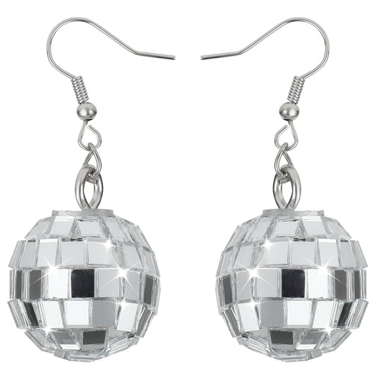 Silver Sparkling Disco Ball Earrings For Women 60's 70's Disco Drop Retro Mirrorbal Earrings Perfect For Disco Dance Party Costume Jewelry Accessories For Women Girls