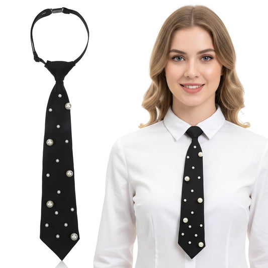 Josojoou Black Tie for Women Men, Elegant Pearl Tie Adjustable Length Pre-Tied Silk Neck Ties for Formal Event Business Meeting