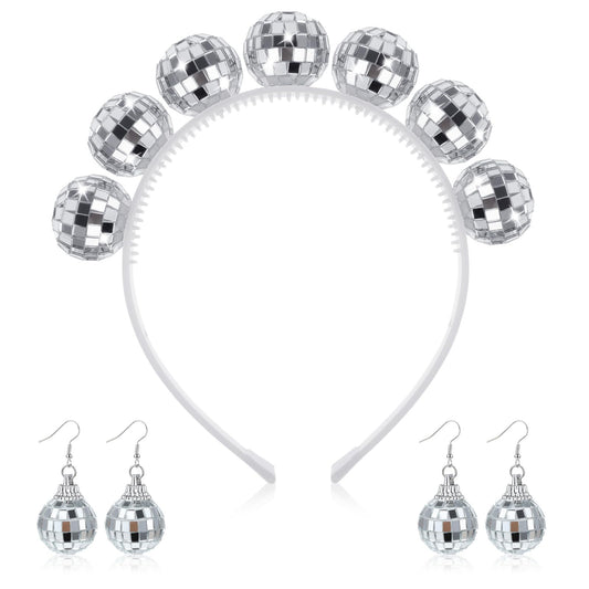 Lusofie 2 Pairs Disco Ball Earrings Mirror Ball Earrings and 1Pc Disco Ball Headband Reflective Mirror Ball Disco Accessories Women for 70's Disco Costume Party