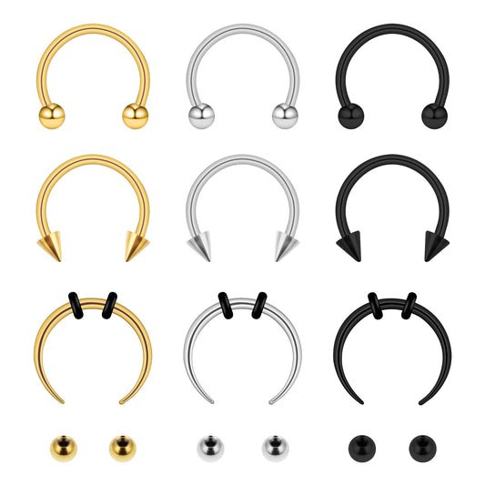 9PCS Septum Rings Stainless Steel Septum Nose Rings for Women Man Eyebrow Helix Cartilage Horseshoe Nose Ring with Replacement Ball Silver Black Rose Gold Piercing Jewelry 10mm