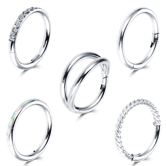 Yolev 5Pcs 18G Nose Rings Hoops Hinged Clicker Septum Ring CZ Tragus Cartilage Double Nose Ring Silver Nose Body Piercing Jewelry for Women Men(8MM)