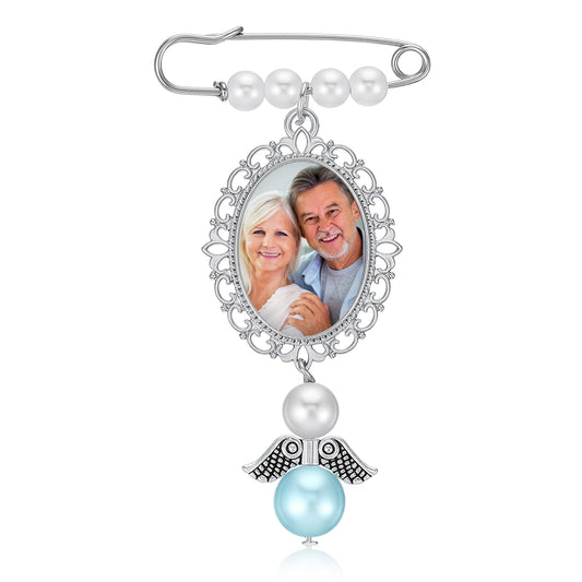 HaiFafafaing Wedding Bouquet Photo Charm Pin,Something Blue for Bride,Wedding Bouquet Pins with Guardian Angel Pendant and Lace Photo Frame,Weddings Memorial Gift in Memory of Deceased Mom or Dad