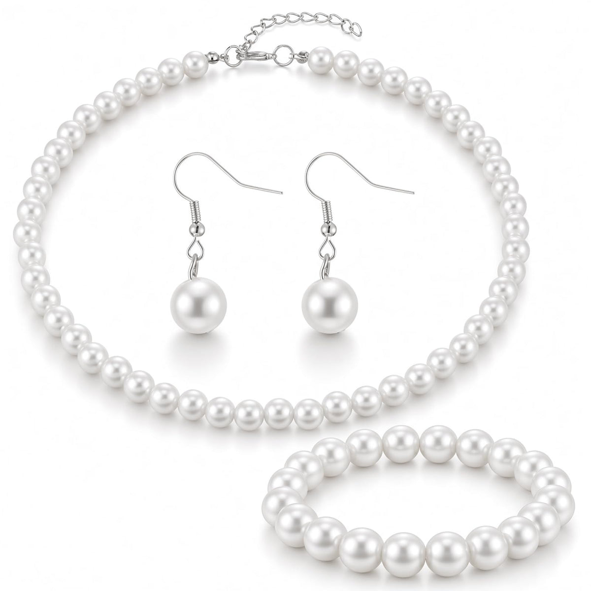 Pearl Jewelry Set,8mm White Faux Pearl Necklace Bracelet Earrings for Women