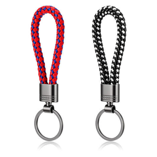 Fiyooau 2 Pcs Woven Leather Car Keychain, Woven Strap Key Fob Keychain for Car Keys, Personalised Car Key Ring for Women Men