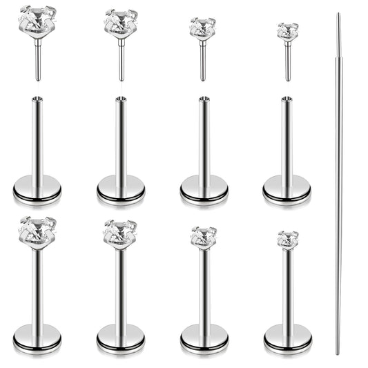 9Pcs Nose Piercings, 316L Stainless Steel Nose Studs, Silver Nose Ring Unisex Flat Back Stud Earrings Jewelry Hypoallergenic with 1 Tapered Insert Pin(Silver)