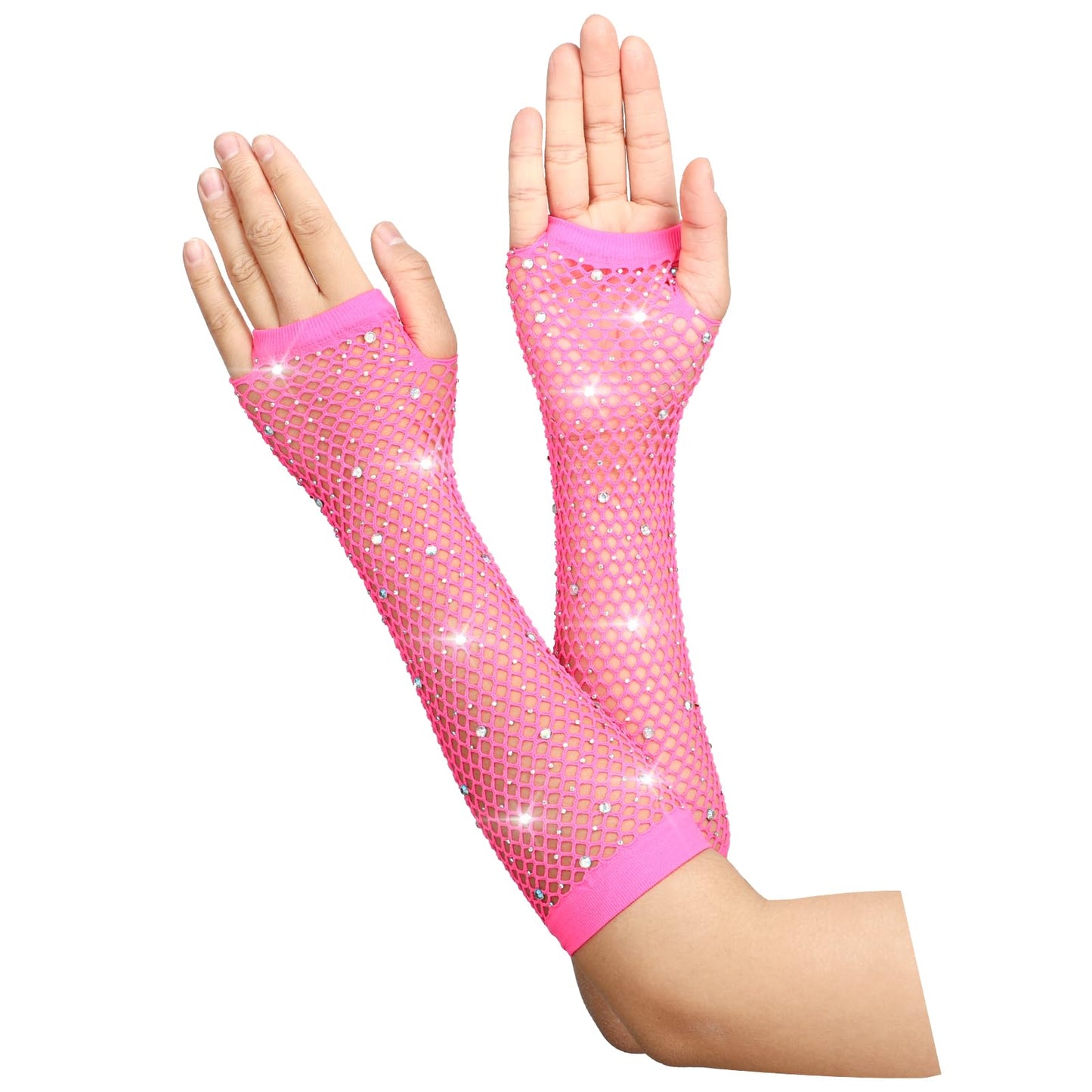 Lusofie Fishnet Gloves Fingerless With Rhinestone Long Fingerless Mesh Gloves for Women Girls 80s Halloween Scene Accessories(Hpt Pink)