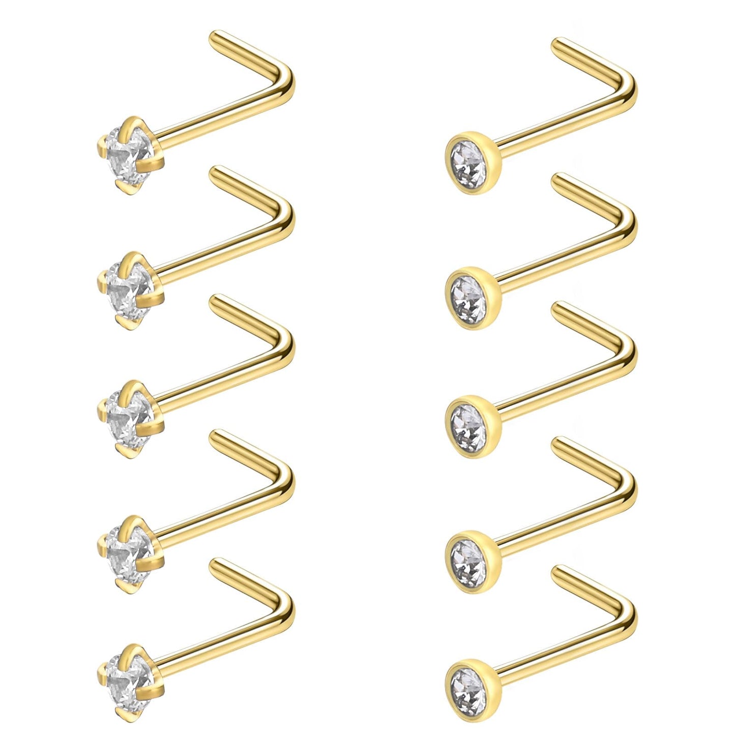 10Pcs Nose Ring Studs 18G L Shape Nose Stud Stainless Steel Nose Ring Hypoallergenic Nose Stud for Women Men Gold Nose Piercing Jewelry with 2mm CZ