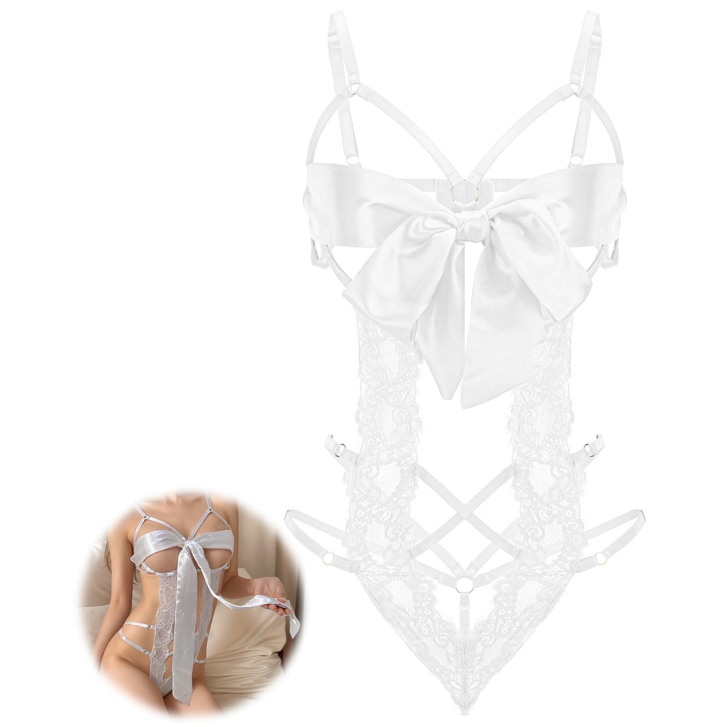 Telooco Women's Sexy Lingerie for Women Lace Bodysuit with Bow Tie Cutout Design One Piece Lingerie Sets for Women Sexy, White, White, One Size