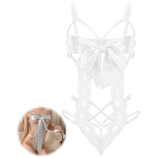 Telooco Women's Sexy Lingerie for Women Lace Bodysuit with Bow Tie Cutout Design One Piece Lingerie Sets for Women Sexy, White, White, One Size