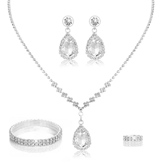 Yolev Bridal Wedding Jewellery Set Silver Rhinestone Necklaces and Earrings Set Sparkly Crystal Earrings Necklace Jewellery Set for Women and Girls