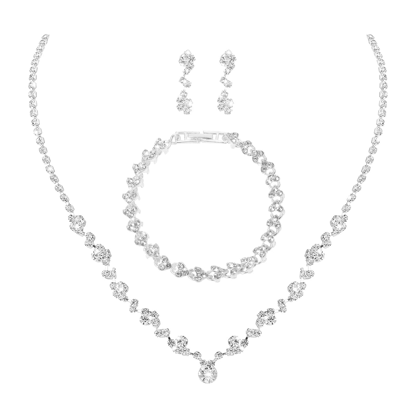 Bridal Jewelry Set for Wedding Rhinestone Jewelry Set Include Necklace Earrings Bracelet Crystal Prom Bridesmaid Jewelry Set for Women and Girls
