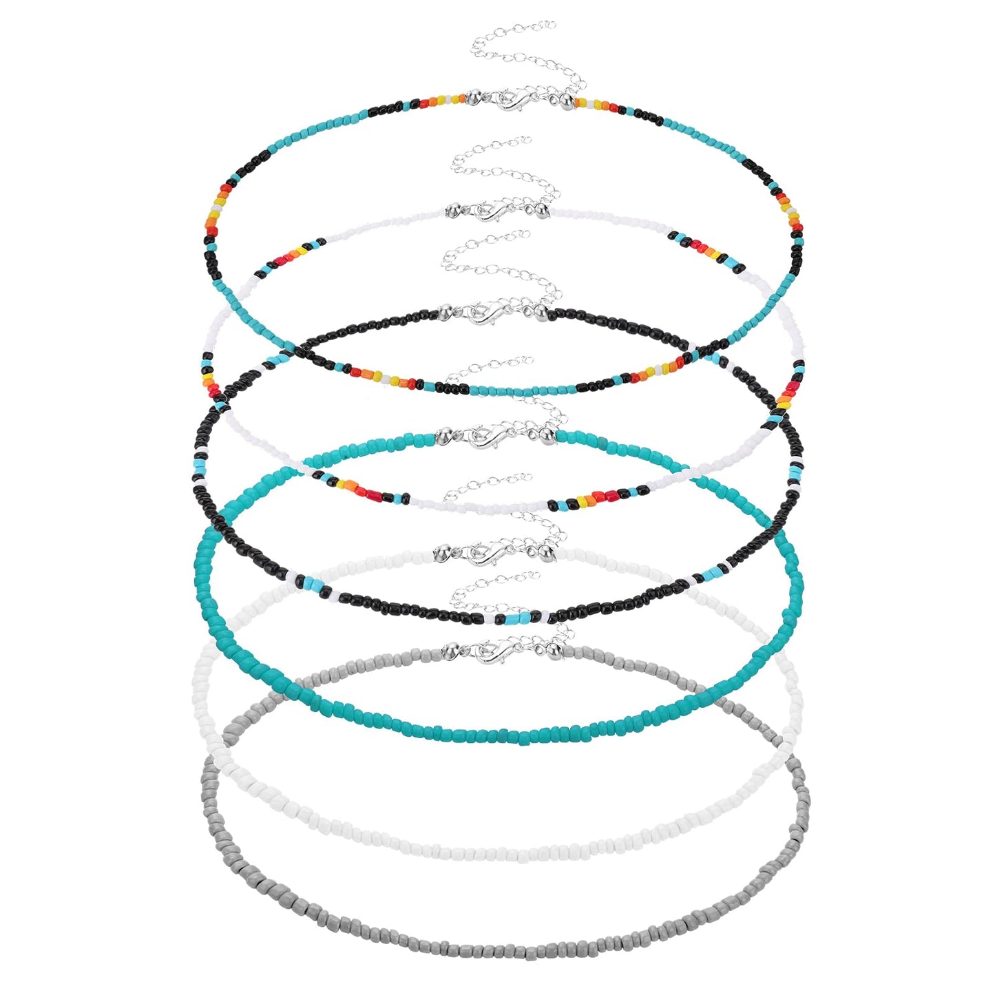 Yolev 6 Pieces Colorful Tiny Seed Beaded Necklace Boho Beads Choker Seed Beaded Choker Necklace Beach Necklace Chain Jewelry for Women Teen Girls