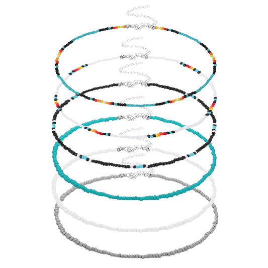 Yolev 6 Pieces Colorful Tiny Seed Beaded Necklace Boho Beads Choker Seed Beaded Choker Necklace Beach Necklace Chain Jewelry for Women Teen Girls